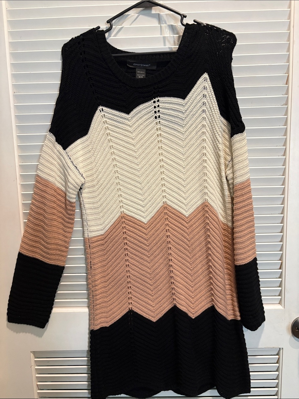 Ashley Stewart Black, Cream & Blush Chevron Knit Long Sleeve Dress